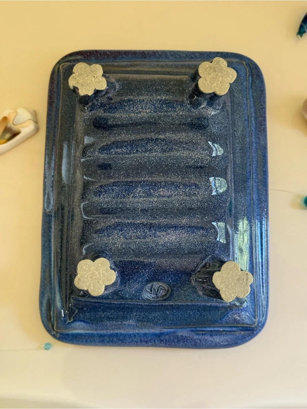 Handmade Studio Art Pottery Blue Soap Dish with Raised Feet